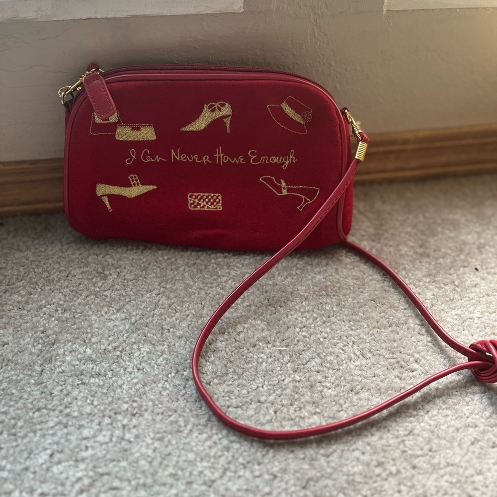 Women’s Small Cherry Red “I Can Never Have Enough” Embroidered Shoulder Bag - Picture 1 of 9
